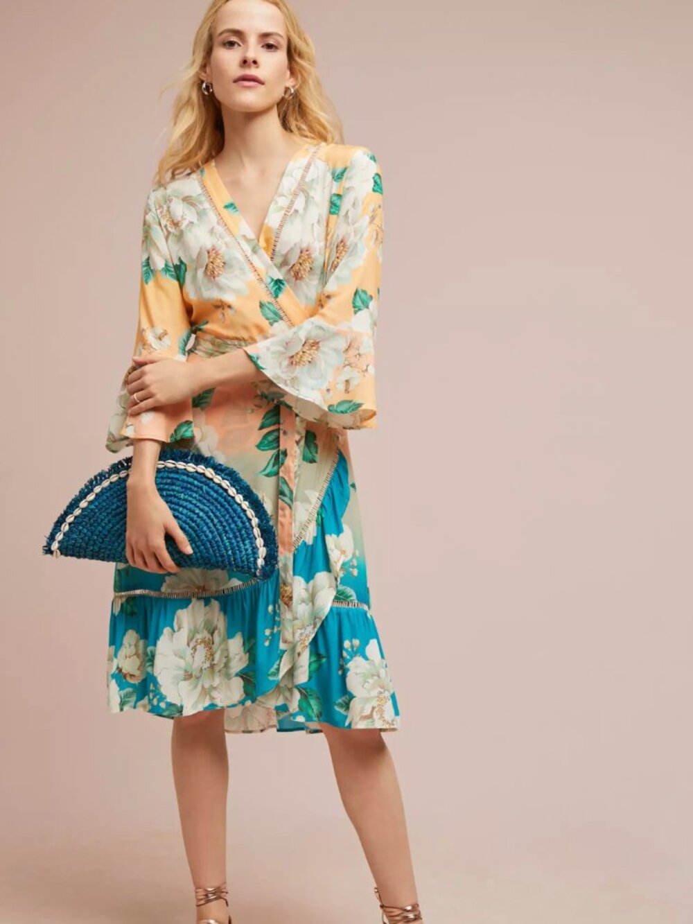 Farm Rio Dress Sunset Wrap Floral Long Sleeve Blue Yellow Midi XS